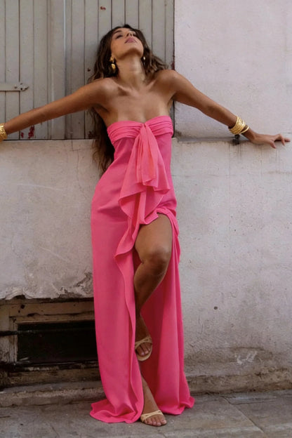 Elegant Strapless Satin Prom Dress with High Slit & Ruffle Layers AD024