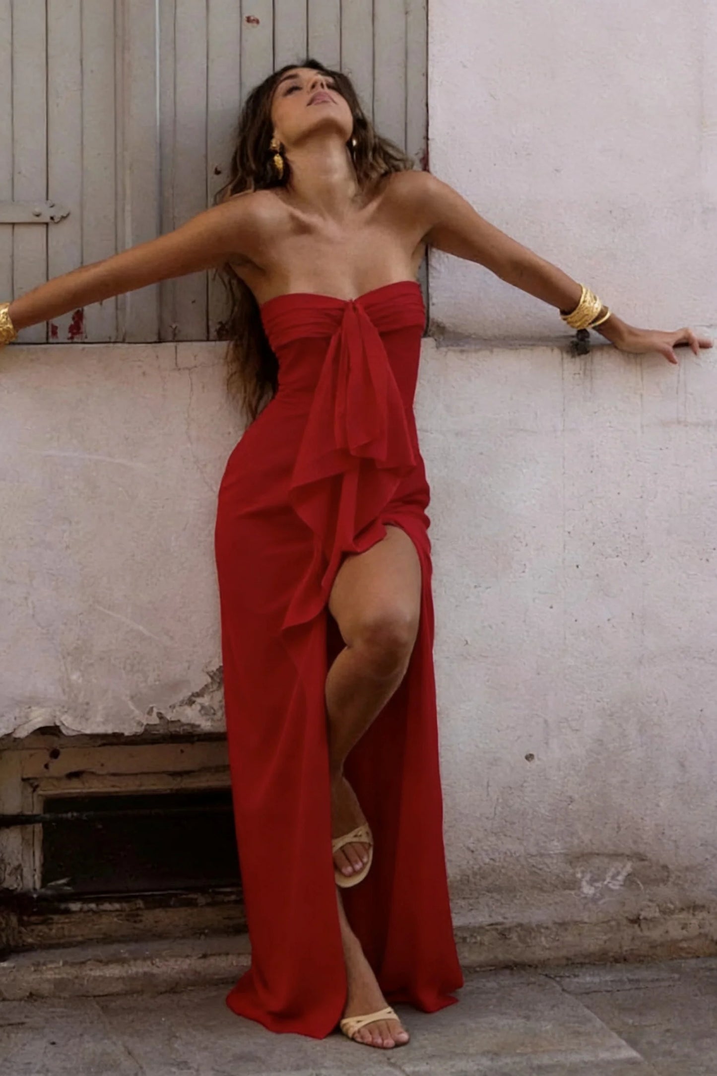 Elegant Strapless Satin Prom Dress with High Slit & Ruffle Layers AD024