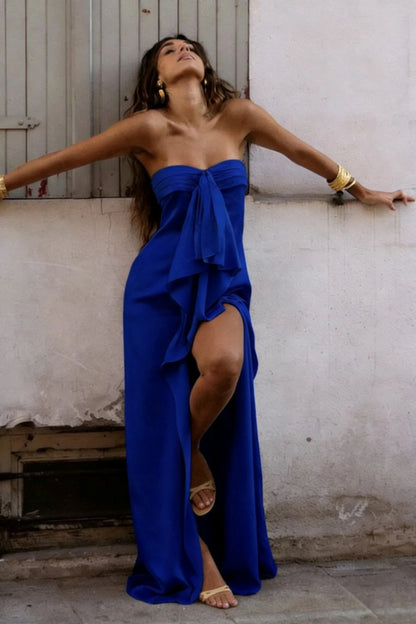 Elegant Strapless Satin Prom Dress with High Slit & Ruffle Layers AD024