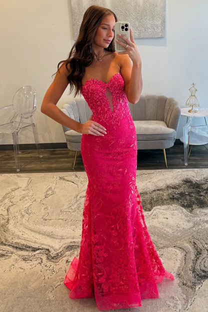 Fuchsia Strapless Sweetheart Prom Dress with Beaded Lace and Sheer V-Detail AD025
