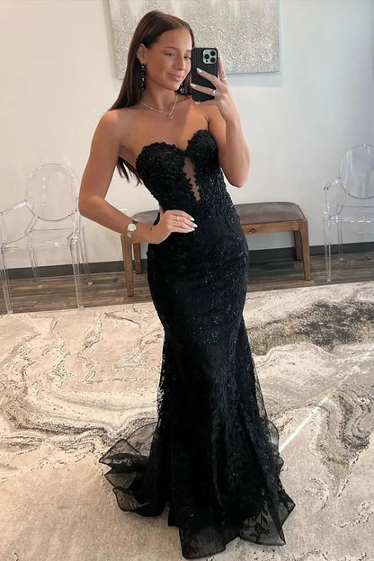 Fuchsia Strapless Sweetheart Prom Dress with Beaded Lace and Sheer V-Detail AD025