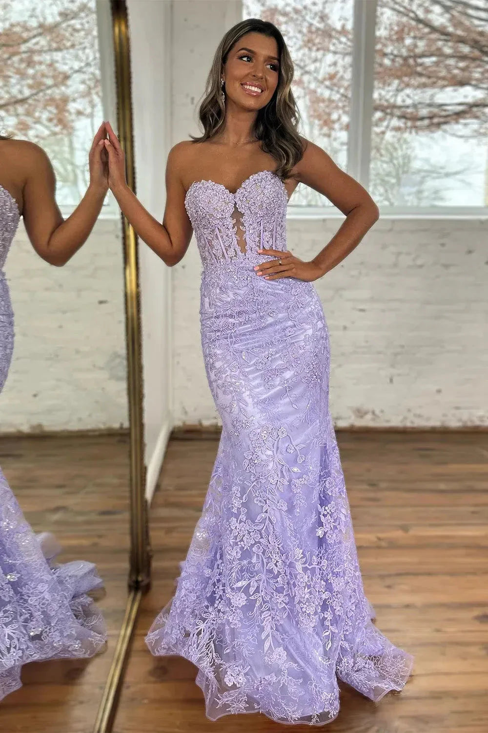 Fuchsia Strapless Sweetheart Prom Dress with Beaded Lace and Sheer V-Detail AD025