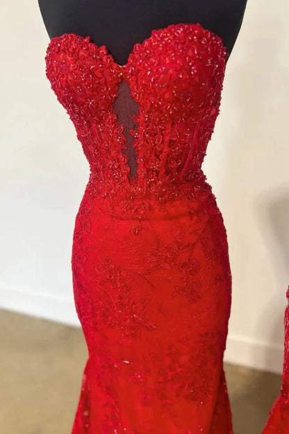 Fuchsia Strapless Sweetheart Prom Dress with Beaded Lace and Sheer V-Detail AD025