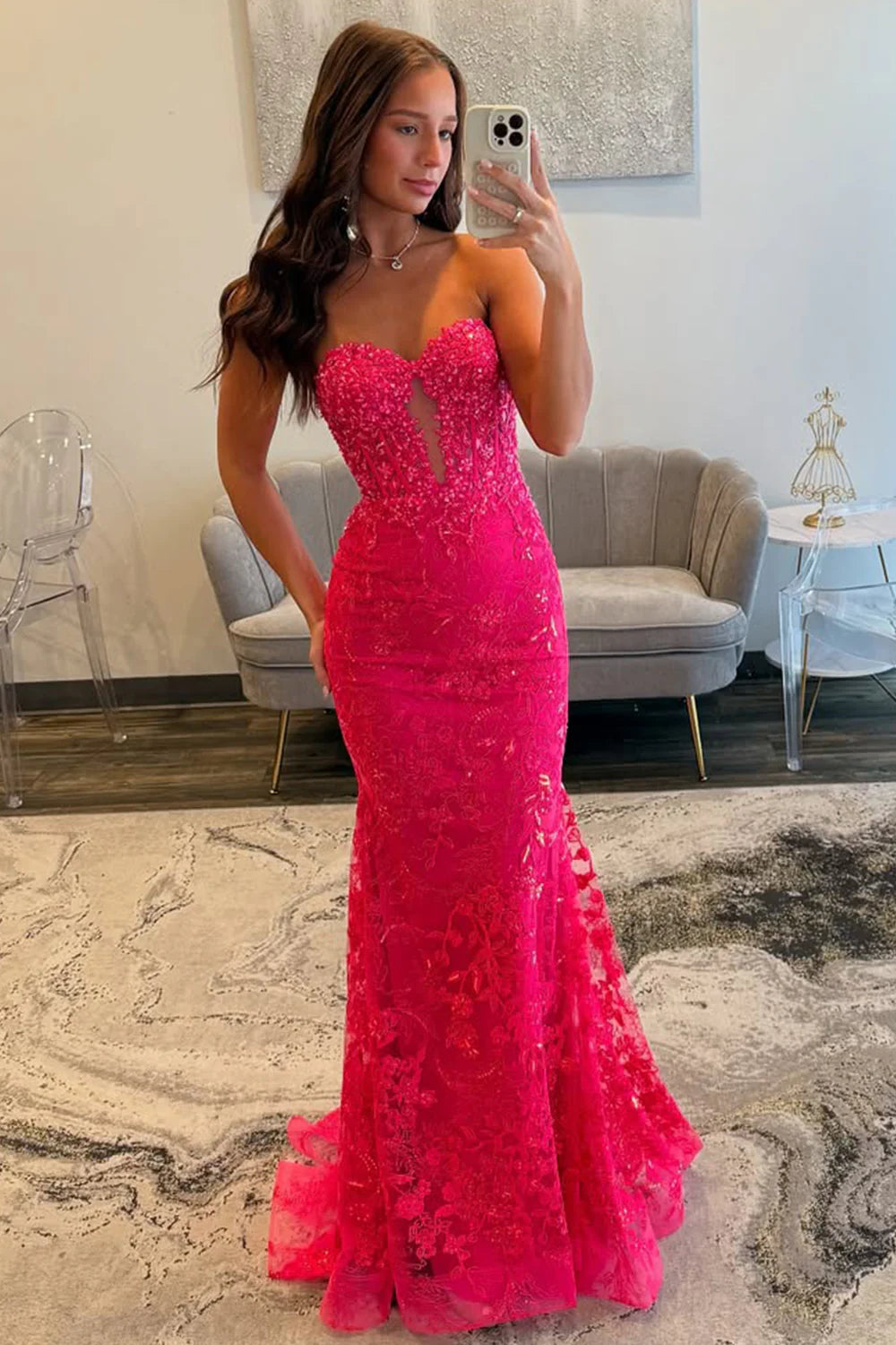 Fuchsia Strapless Sweetheart Prom Dress with Beaded Lace and Sheer V-Detail AD025