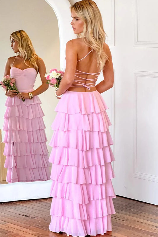 Pink Ruffle Tiered Spaghetti Straps Lace-Up Back Prom Dress with Slit AD026