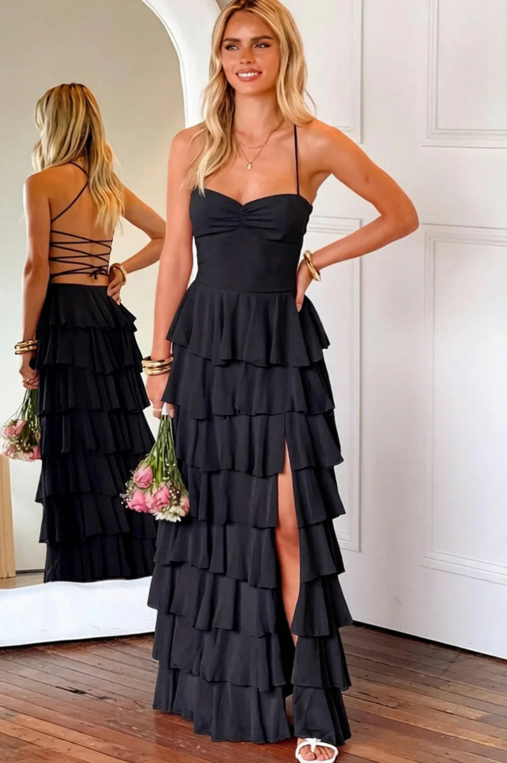 Pink Ruffle Tiered Spaghetti Straps Lace-Up Back Prom Dress with Slit AD026
