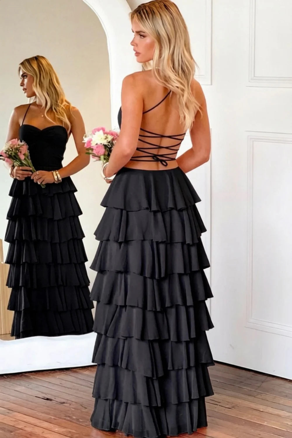 Pink Ruffle Tiered Spaghetti Straps Lace-Up Back Prom Dress with Slit AD026