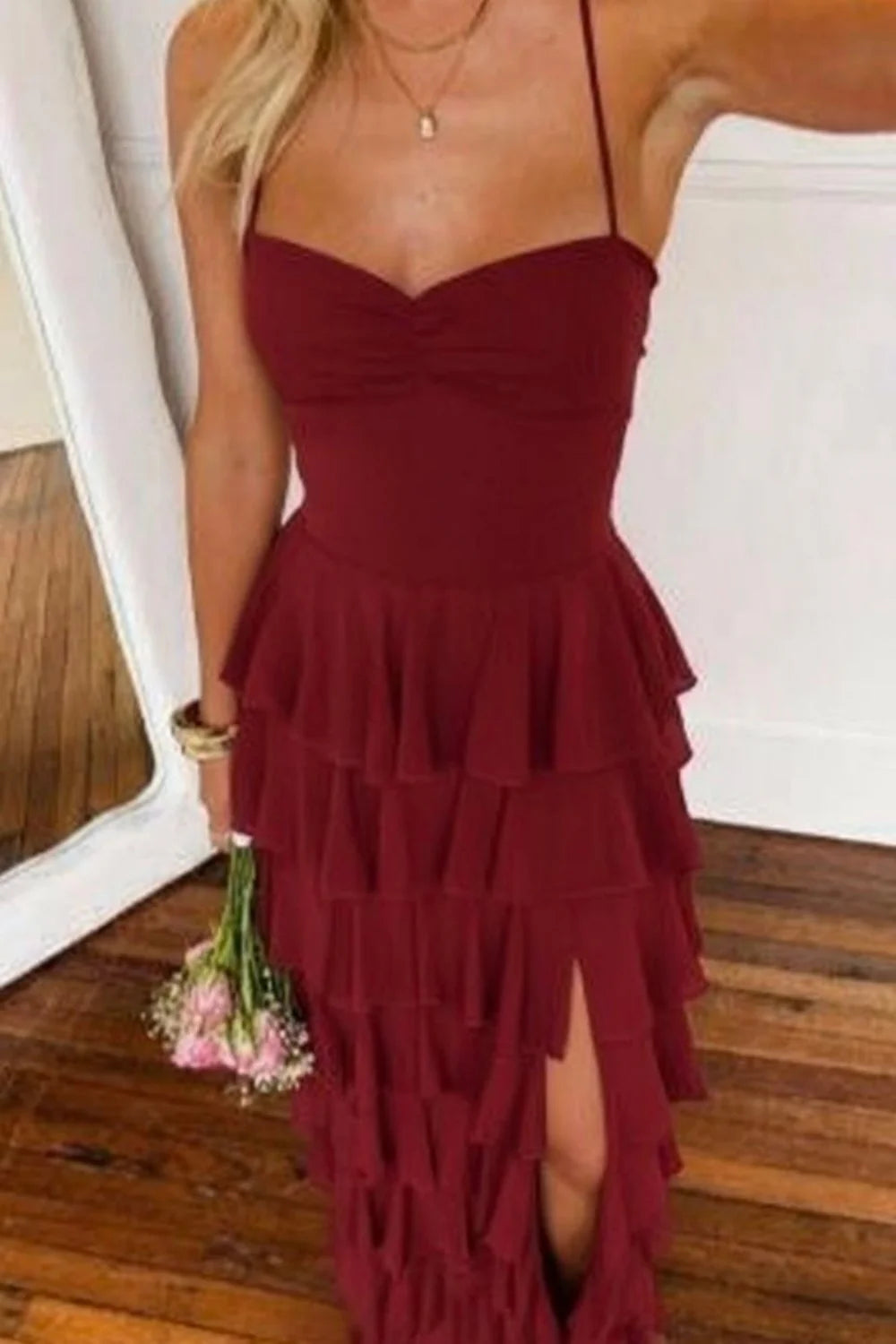 Pink Ruffle Tiered Spaghetti Straps Lace-Up Back Prom Dress with Slit AD026