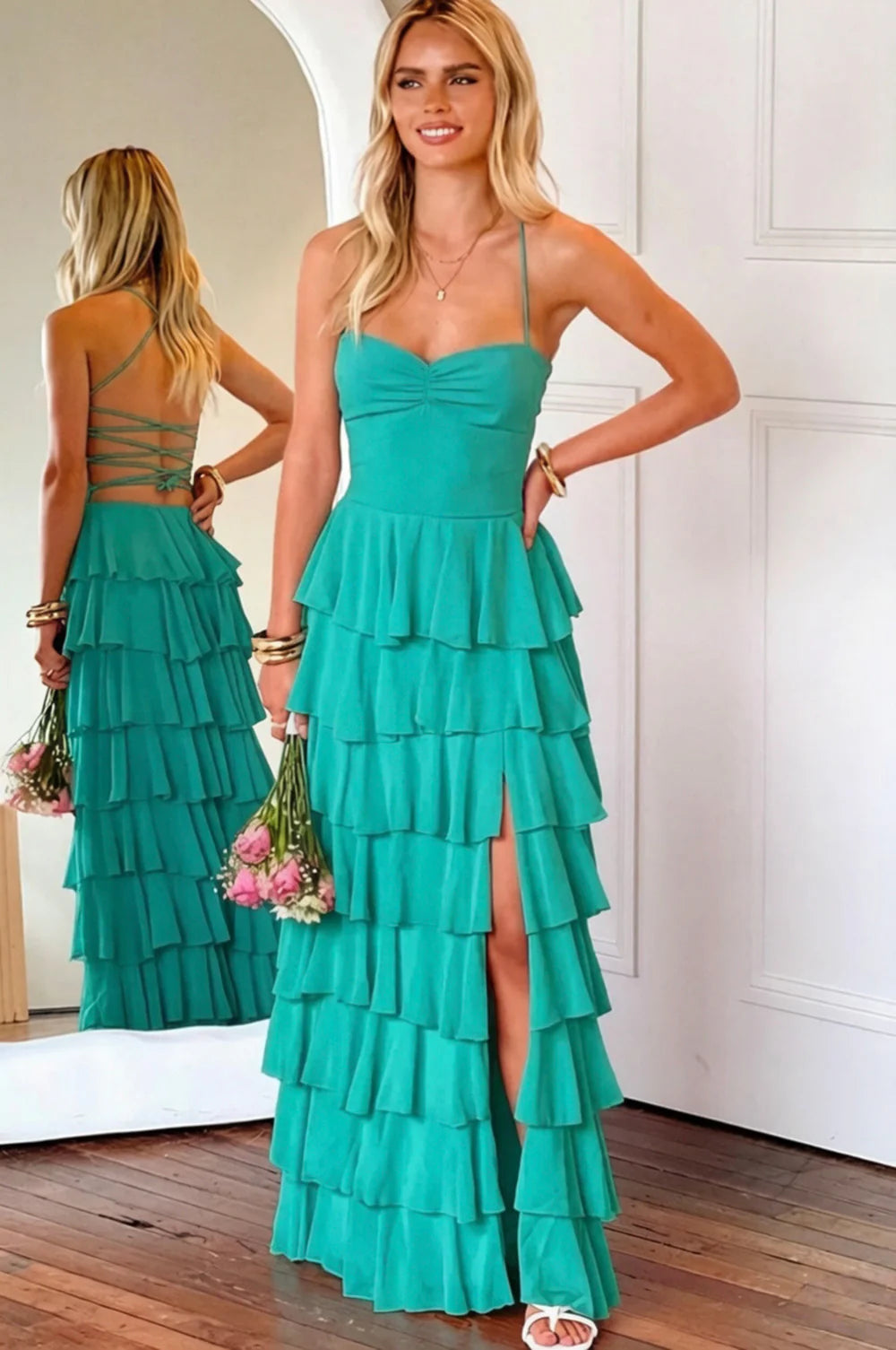Pink Ruffle Tiered Spaghetti Straps Lace-Up Back Prom Dress with Slit AD026