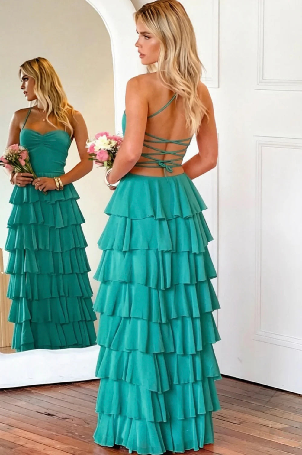 Pink Ruffle Tiered Spaghetti Straps Lace-Up Back Prom Dress with Slit AD026