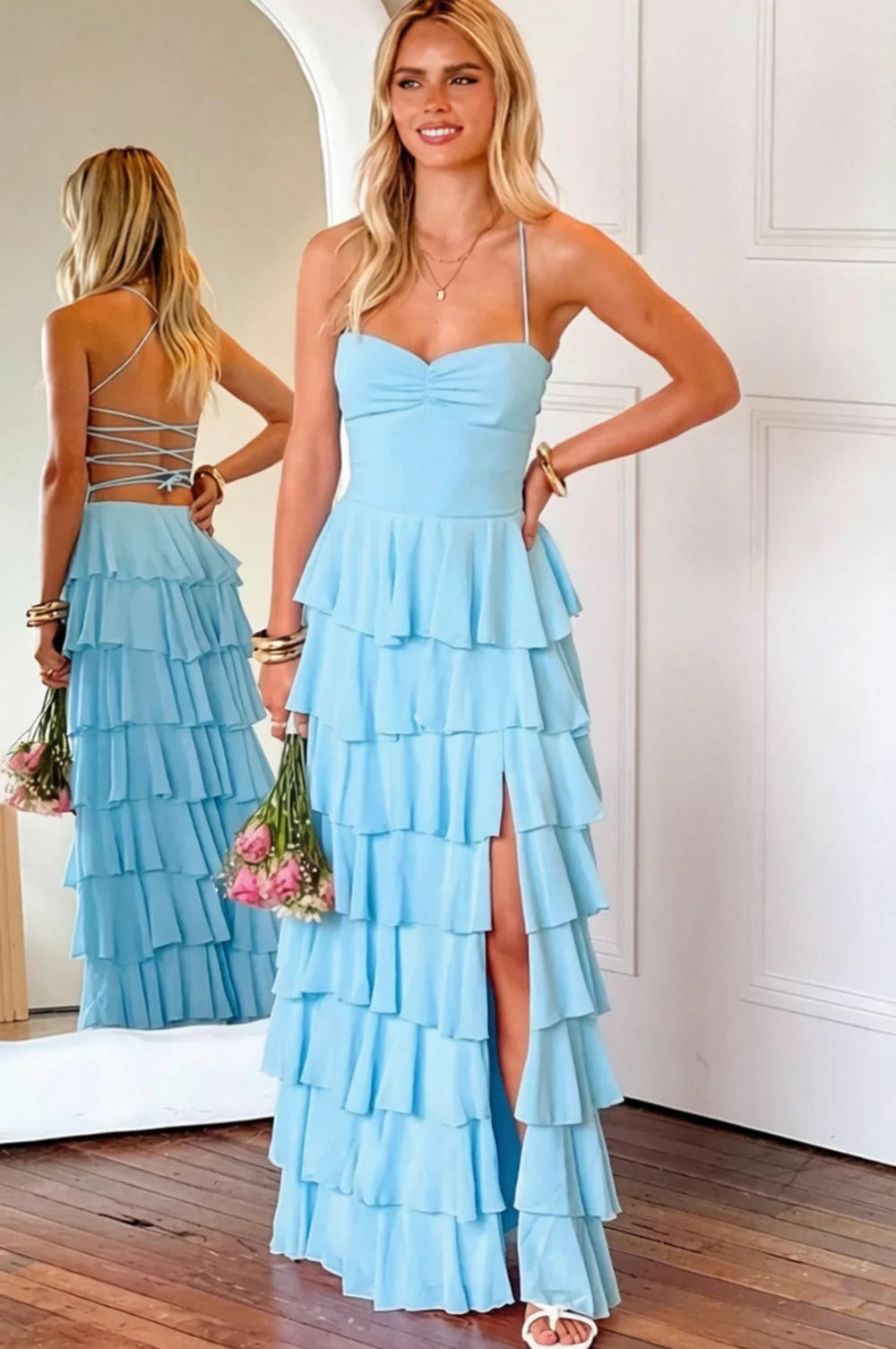 Pink Ruffle Tiered Spaghetti Straps Lace-Up Back Prom Dress with Slit AD026