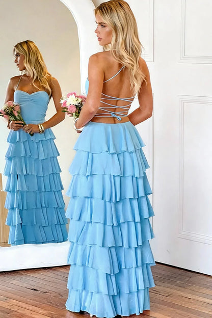 Pink Ruffle Tiered Spaghetti Straps Lace-Up Back Prom Dress with Slit AD026