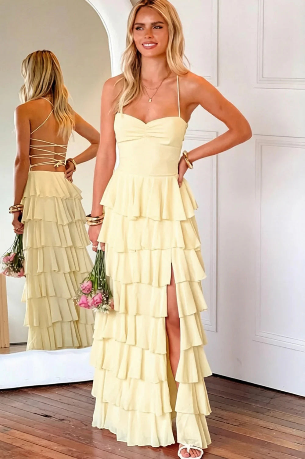 Pink Ruffle Tiered Spaghetti Straps Lace-Up Back Prom Dress with Slit AD026