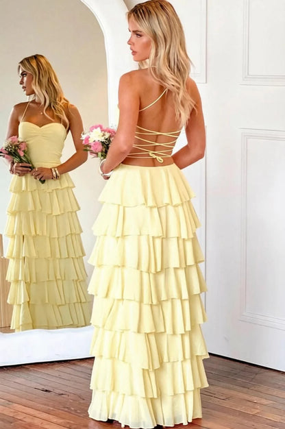 Pink Ruffle Tiered Spaghetti Straps Lace-Up Back Prom Dress with Slit AD026