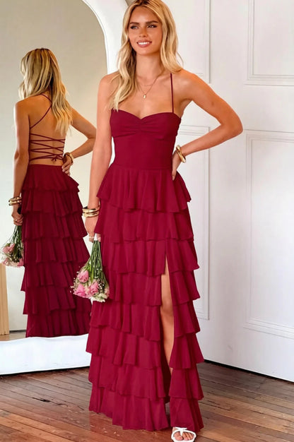 Pink Ruffle Tiered Spaghetti Straps Lace-Up Back Prom Dress with Slit AD026