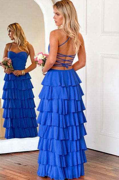 Pink Ruffle Tiered Spaghetti Straps Lace-Up Back Prom Dress with Slit AD026