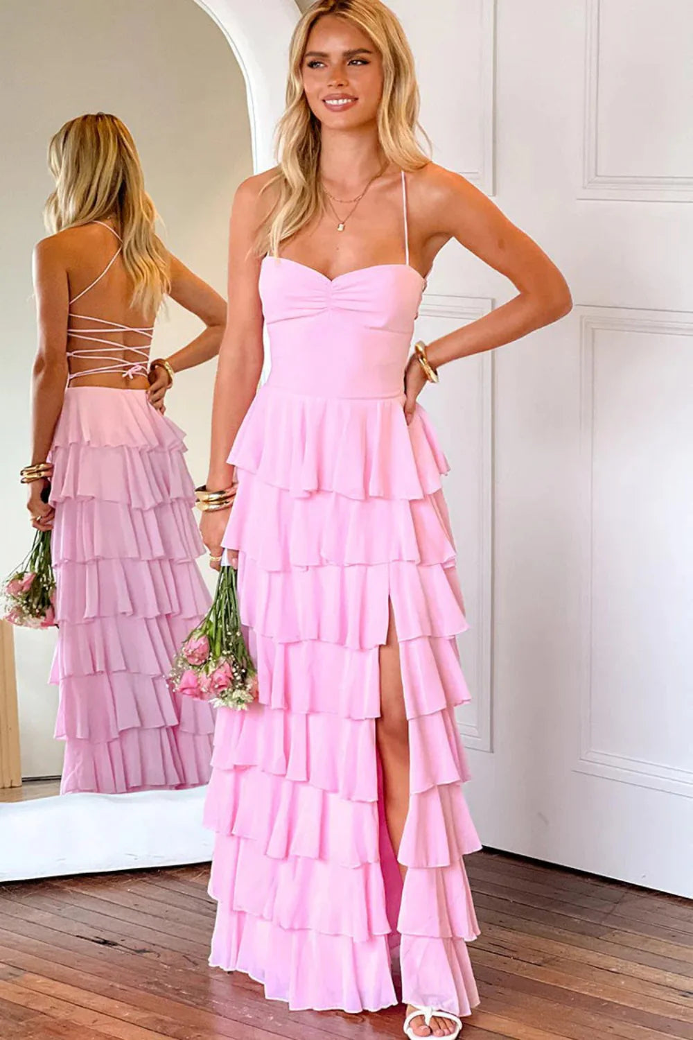 Pink Ruffle Tiered Spaghetti Straps Lace-Up Back Prom Dress with Slit AD026