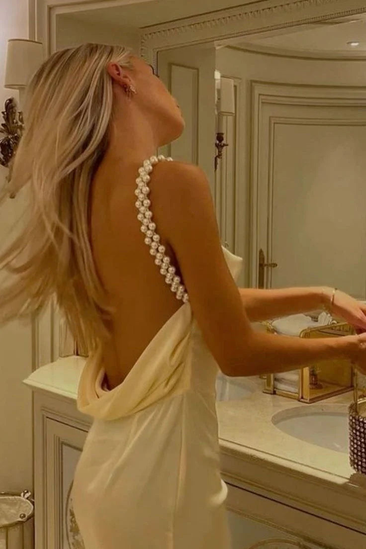 Gorgeous Sheath Spaghetti Straps Yellow Long Party Dress with Pearl Backless AD027