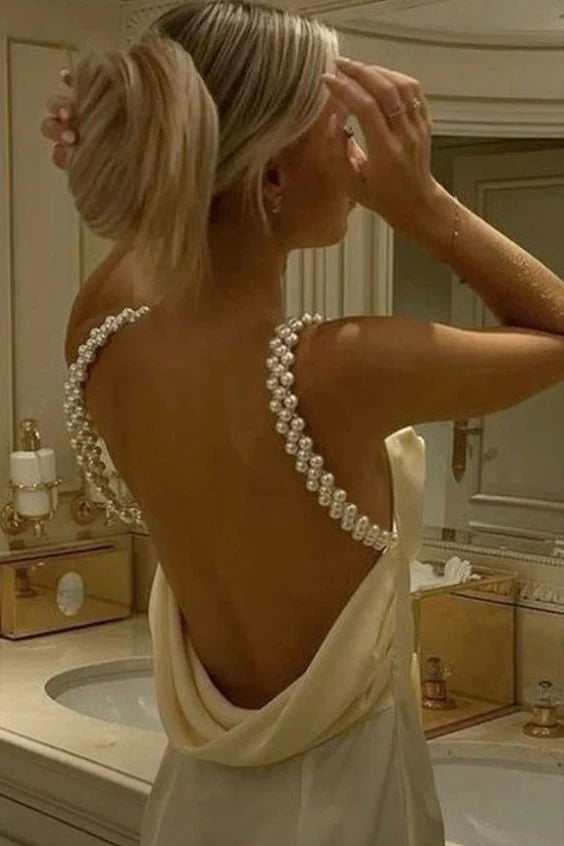 Gorgeous Sheath Spaghetti Straps Yellow Long Party Dress with Pearl Backless AD027