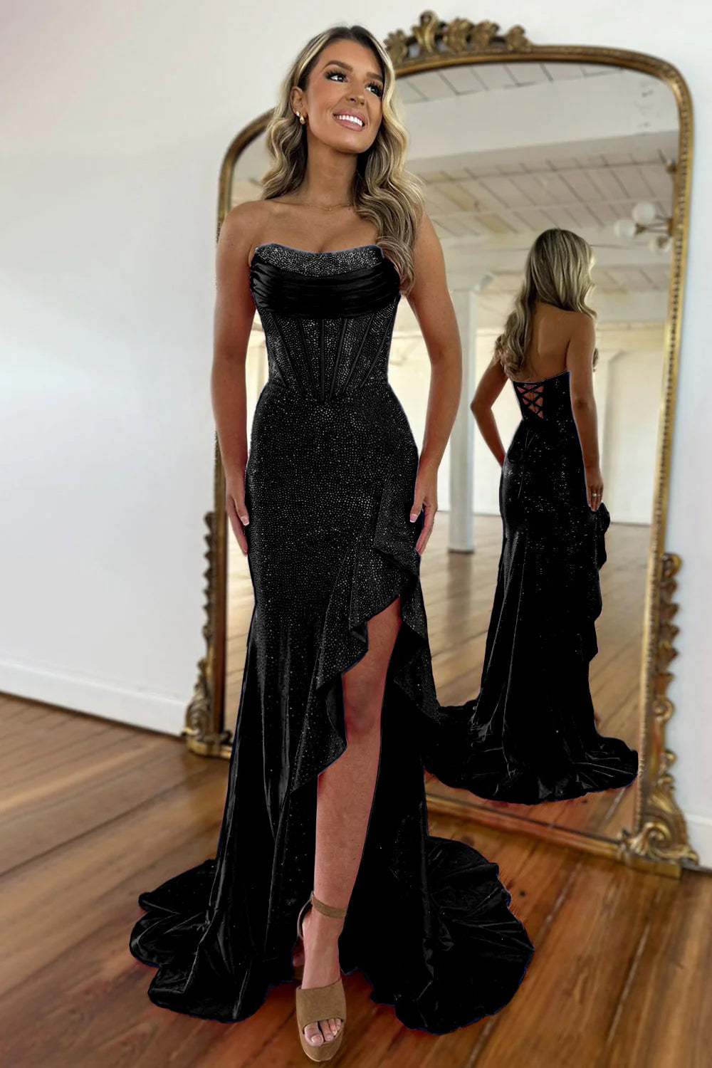 Sparkly Orange Mermaid Prom Dress with Strapless Bodice Lace Up Closure and Beaded Slit AD029