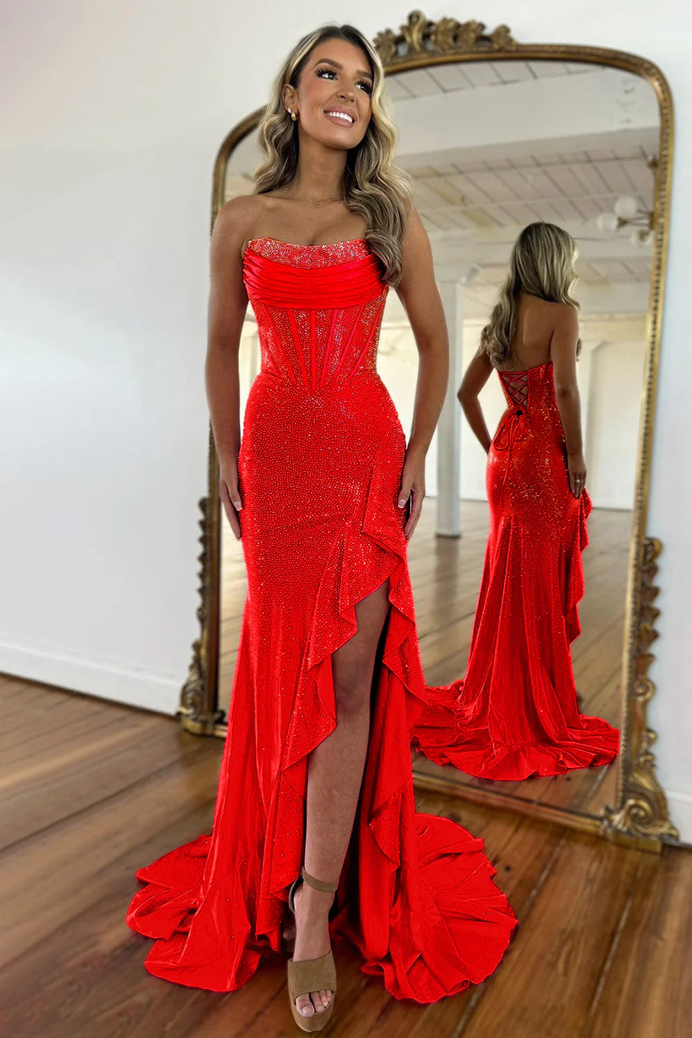 Sparkly Orange Mermaid Prom Dress with Strapless Bodice Lace Up Closure and Beaded Slit AD029