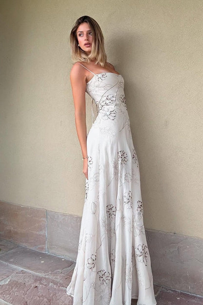 Charming A Line Spaghetti Straps White Long Prom Dress with Beading AD030