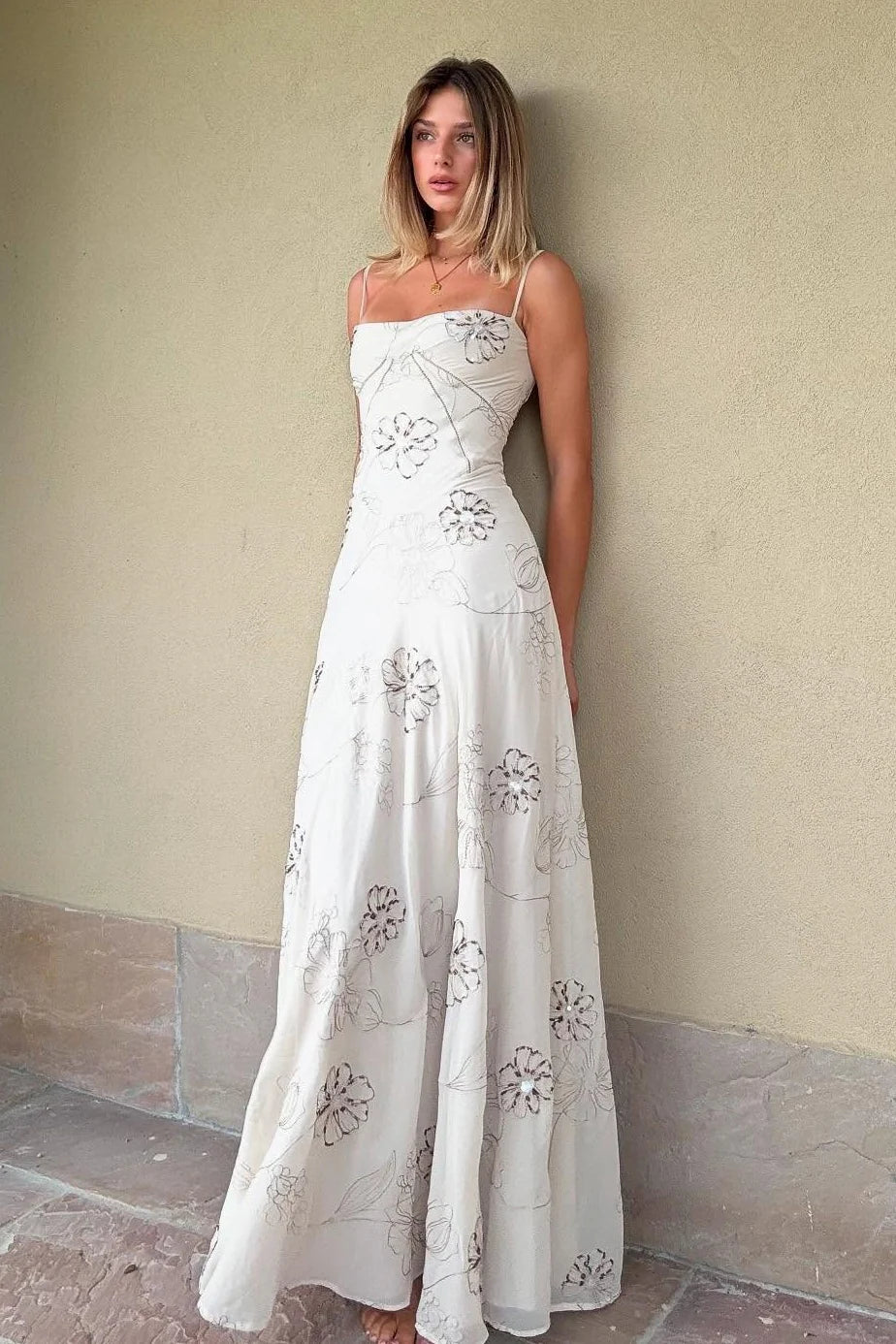 Charming A Line Spaghetti Straps White Long Prom Dress with Beading AD030