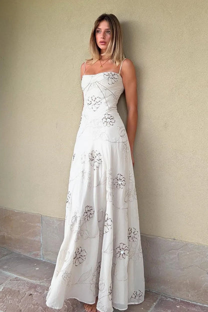 Charming A Line Spaghetti Straps White Long Prom Dress with Beading AD030
