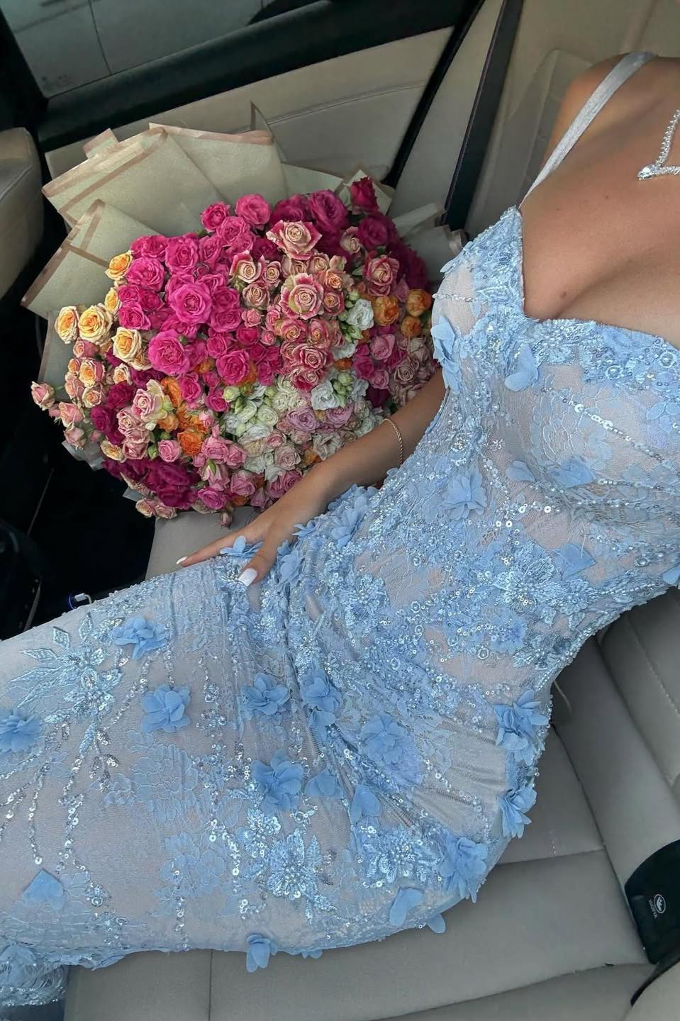 Light Blue 3D Floral Lace Beaded Mermaid Prom Dress with Illusion Corset Bodice AD032