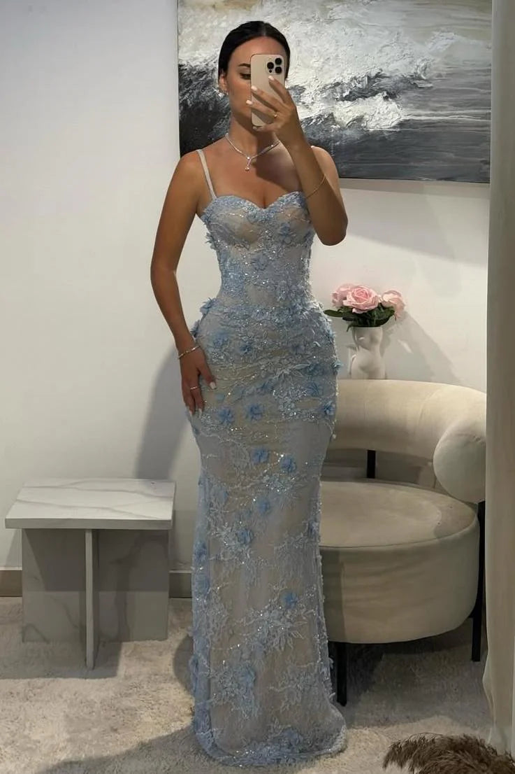 Light Blue 3D Floral Lace Beaded Mermaid Prom Dress with Illusion Corset Bodice AD032