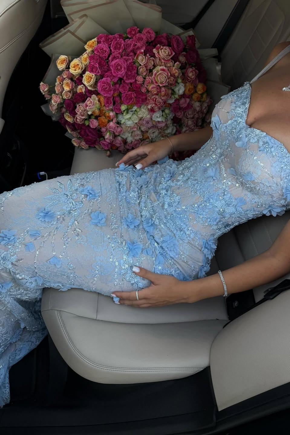 Light Blue 3D Floral Lace Beaded Mermaid Prom Dress with Illusion Corset Bodice AD032