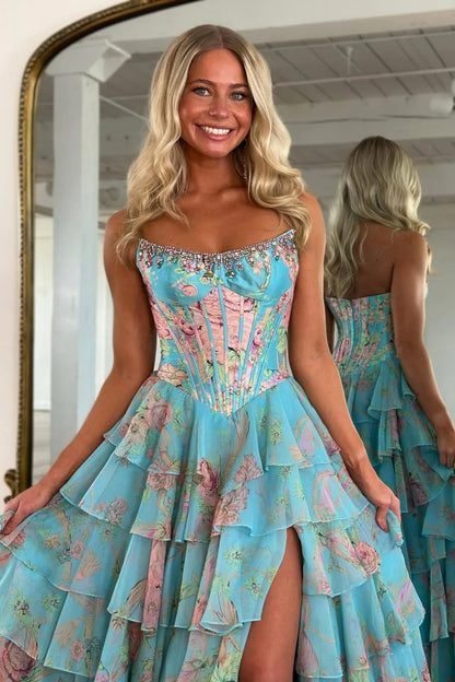 Floral Print Tiered Ruffle Prom Dress with Sparkle Corset Detail & Front Slit AD033