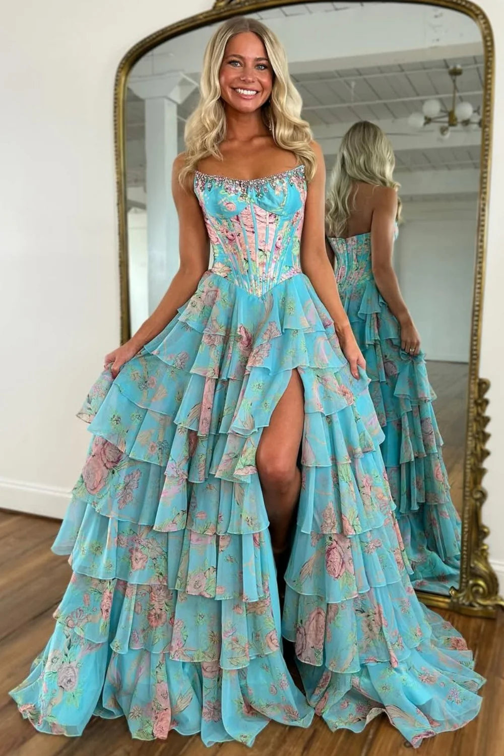 Floral Print Tiered Ruffle Prom Dress with Sparkle Corset Detail & Front Slit AD033