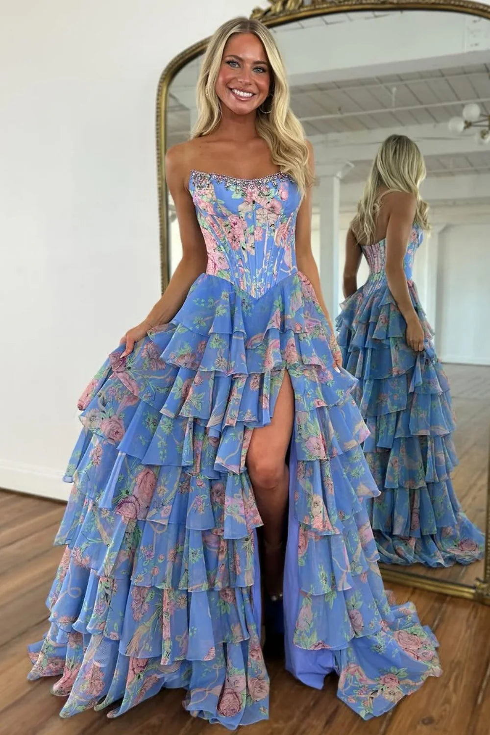 Floral Print Tiered Ruffle Prom Dress with Sparkle Corset Detail & Front Slit AD033