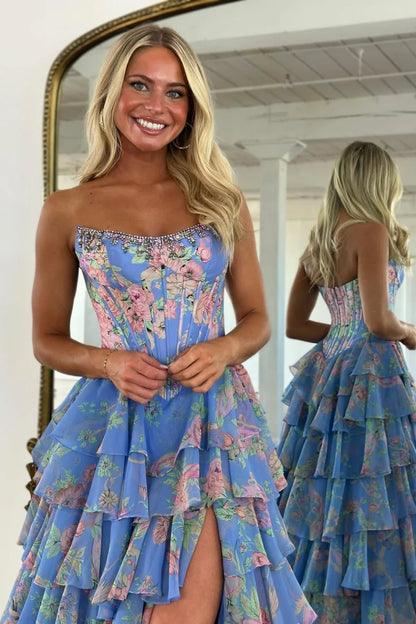 Floral Print Tiered Ruffle Prom Dress with Sparkle Corset Detail & Front Slit AD033