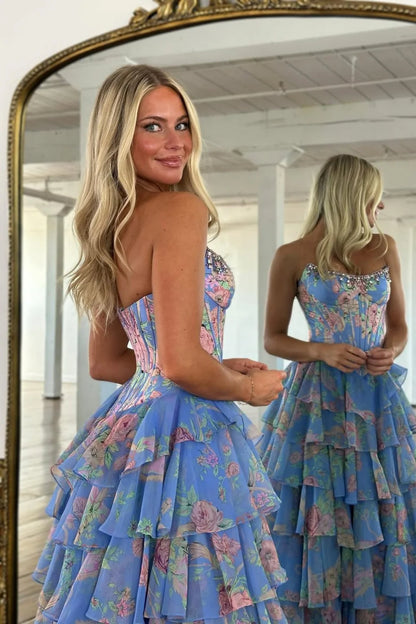 Floral Print Tiered Ruffle Prom Dress with Sparkle Corset Detail & Front Slit AD033