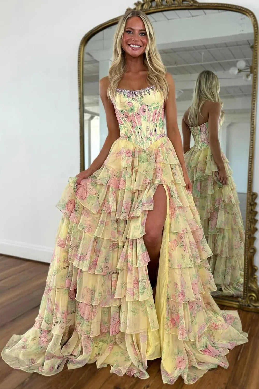 Floral Print Tiered Ruffle Prom Dress with Sparkle Corset Detail & Front Slit AD033