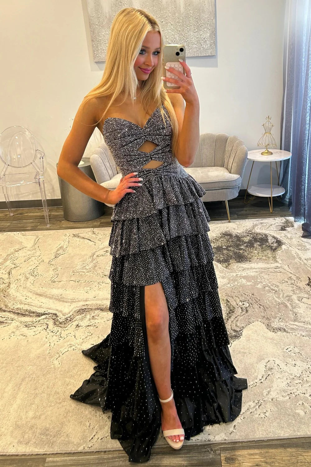 Strapless Hot A-Line Prom Dress with Keyhole Bodice Ruffle Skirt Slit and Lace Up Back AD034