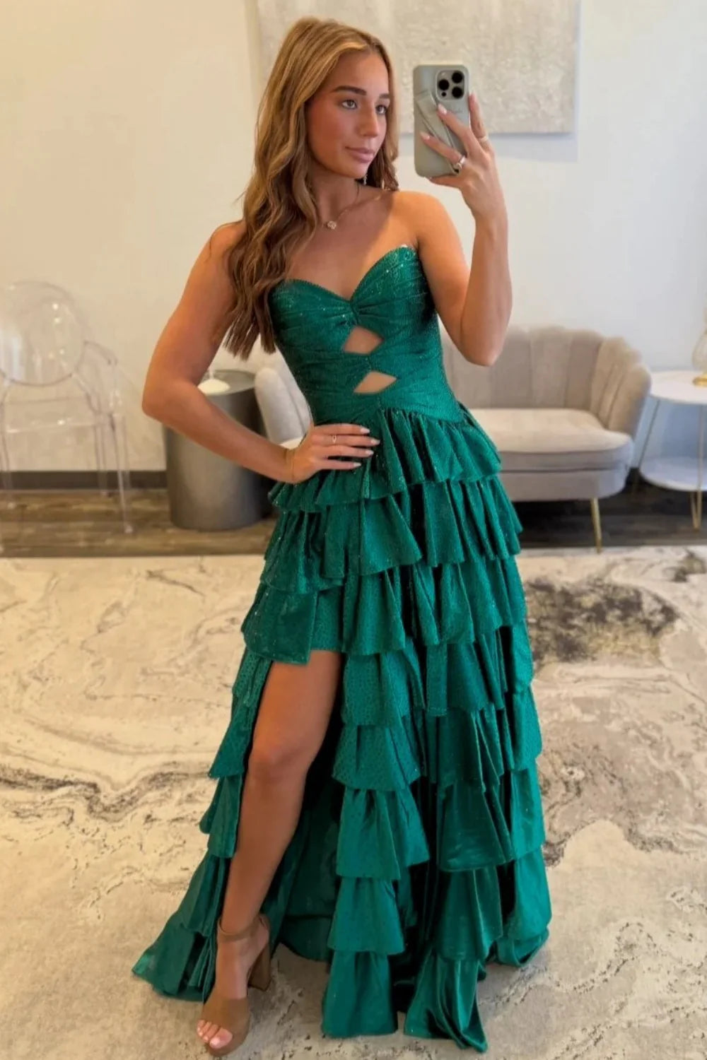 Strapless Hot A-Line Prom Dress with Keyhole Bodice Ruffle Skirt Slit and Lace Up Back AD034