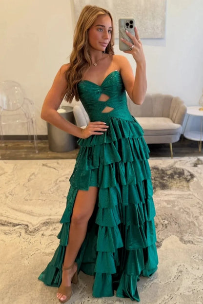 Strapless Hot A-Line Prom Dress with Keyhole Bodice Ruffle Skirt Slit and Lace Up Back AD034