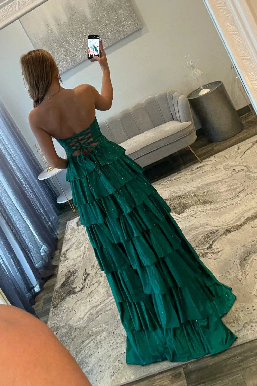 Strapless Hot A-Line Prom Dress with Keyhole Bodice Ruffle Skirt Slit and Lace Up Back AD034