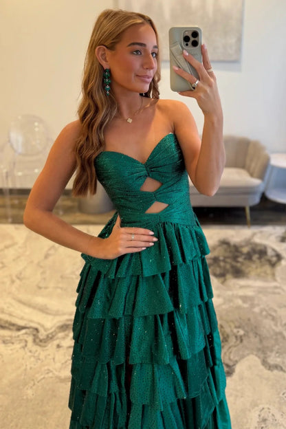 Strapless Hot A-Line Prom Dress with Keyhole Bodice Ruffle Skirt Slit and Lace Up Back AD034
