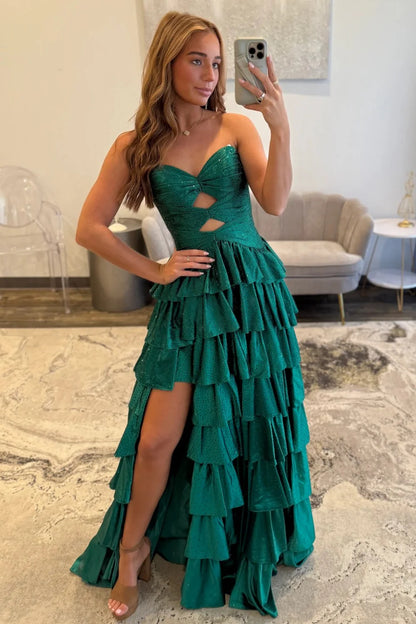 Strapless Hot A-Line Prom Dress with Keyhole Bodice Ruffle Skirt Slit and Lace Up Back AD034
