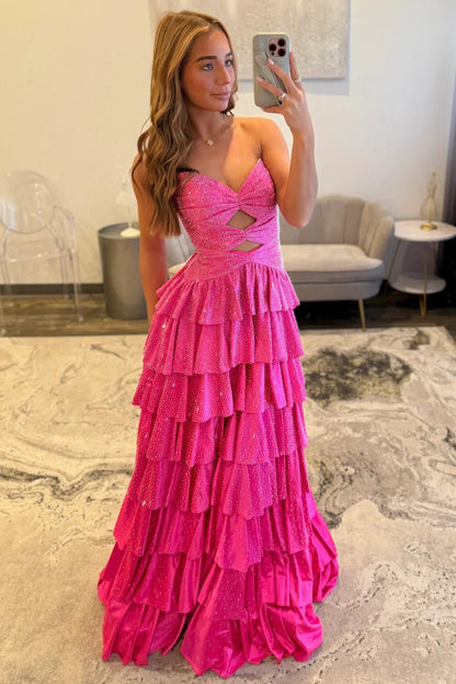 Strapless Hot A-Line Prom Dress with Keyhole Bodice Ruffle Skirt Slit and Lace Up Back AD034