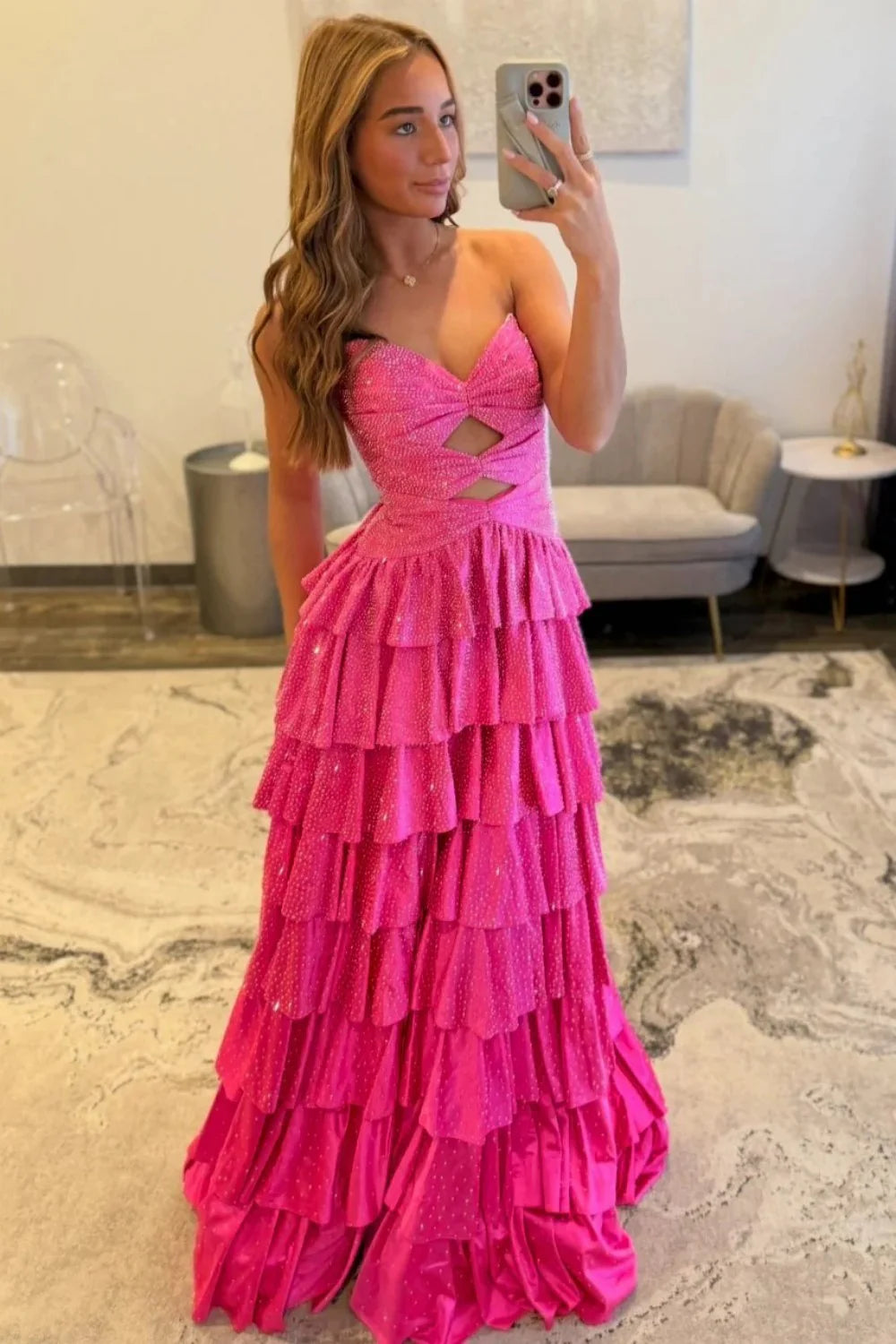 Strapless Hot A-Line Prom Dress with Keyhole Bodice Ruffle Skirt Slit and Lace Up Back AD034
