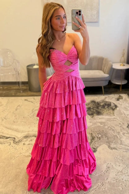 Strapless Hot A-Line Prom Dress with Keyhole Bodice Ruffle Skirt Slit and Lace Up Back AD034