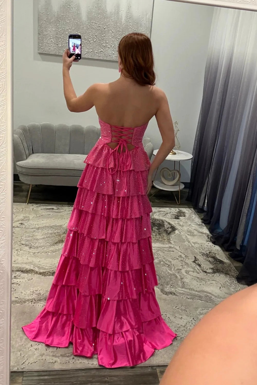 Strapless Hot A-Line Prom Dress with Keyhole Bodice Ruffle Skirt Slit and Lace Up Back AD034