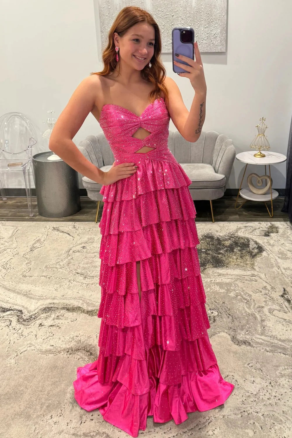 Strapless Hot A-Line Prom Dress with Keyhole Bodice Ruffle Skirt Slit and Lace Up Back AD034