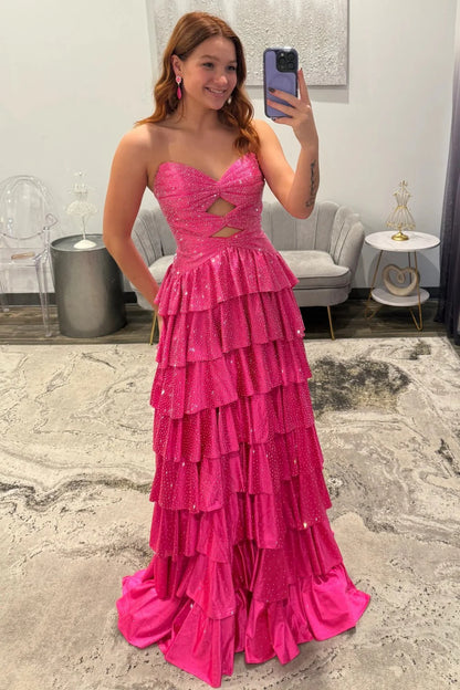 Strapless Hot A-Line Prom Dress with Keyhole Bodice Ruffle Skirt Slit and Lace Up Back AD034