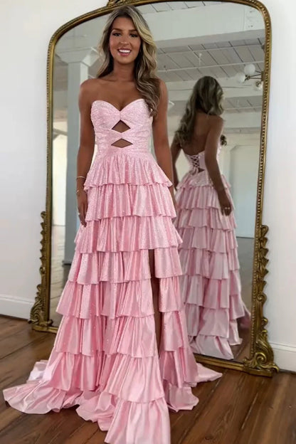 Strapless Hot A-Line Prom Dress with Keyhole Bodice Ruffle Skirt Slit and Lace Up Back AD034